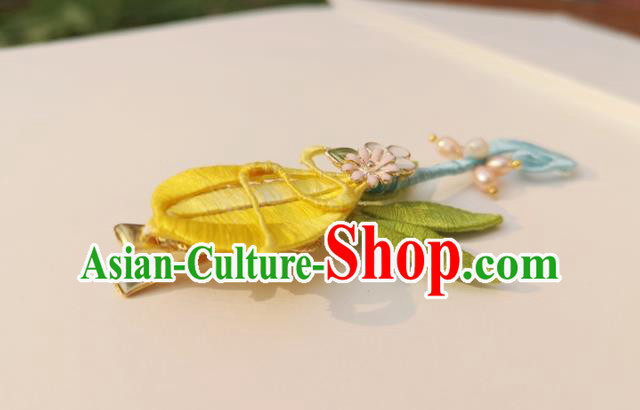 China Ancient Palace Lady Pearls Hairpin Traditional Ming Dynasty Yellow Silk Lute Hair Stick China Ancient Palace Lady Pearls Hairpin Traditional Ming Dynasty Yellow Silk Lute Hair Stick