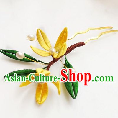 China Ancient Princess Silk Osmanthus Hairpin Traditional Hanfu Hair Accessories Ming Dynasty Pearls Hair Stick