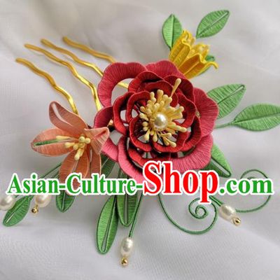 China Ancient Princess Pearls Hairpin Traditional Hanfu Hair Accessories Ming Dynasty Silk Peony Hair Comb