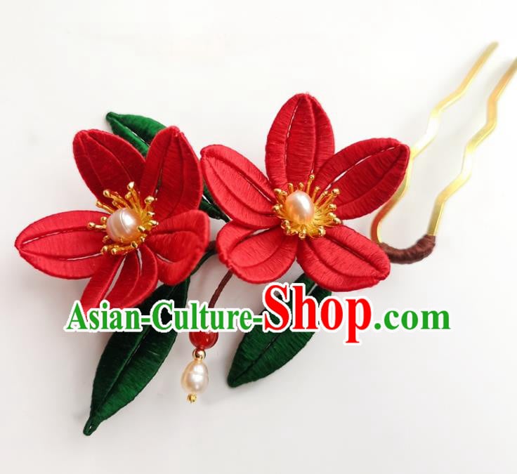 China Traditional Ming Dynasty Red Silk Flowers Hair Stick Ancient Palace Lady Pearls Hairpin