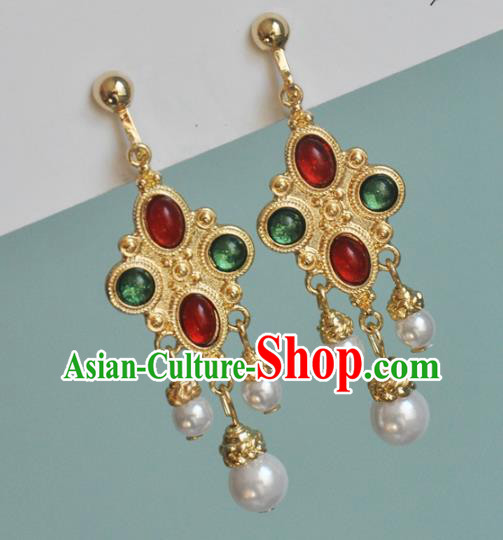 Chinese Classical Cheongsam Gems Ear Accessories Traditional Court Golden Earrings