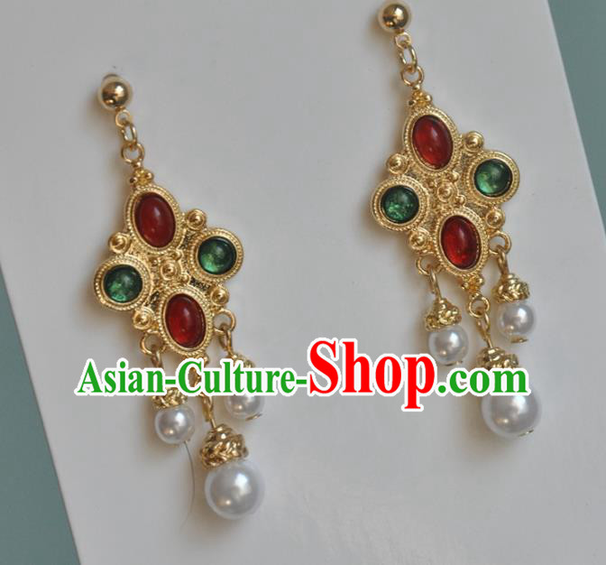 Chinese Classical Cheongsam Gems Ear Accessories Traditional Court Golden Earrings