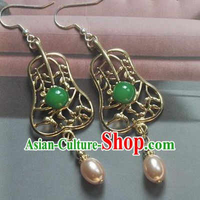 Chinese Classical Cheongsam Golden Fan Ear Accessories Traditional Court Pearl Earrings