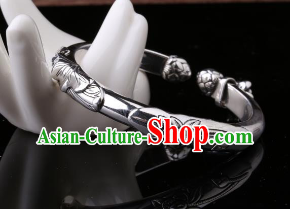 Handmade Chinese Silver Bangle Jewelry Traditional National Carving Lotus Bracelet Handmade Chinese Silver Bangle Jewelry Traditional National Carving Lotus Bracelet