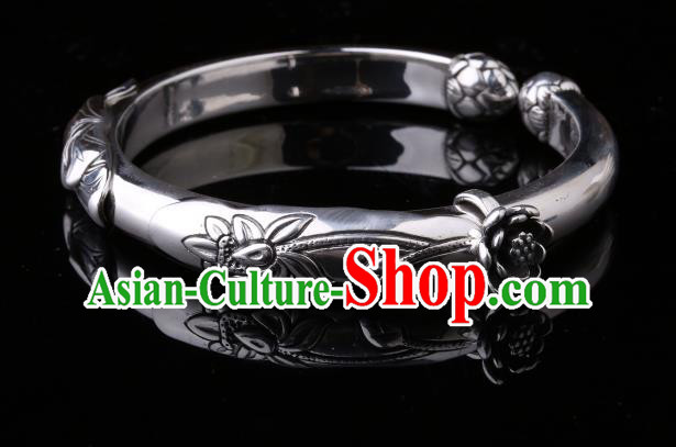 Handmade Chinese Silver Bangle Jewelry Traditional National Carving Lotus Bracelet Handmade Chinese Silver Bangle Jewelry Traditional National Carving Lotus Bracelet