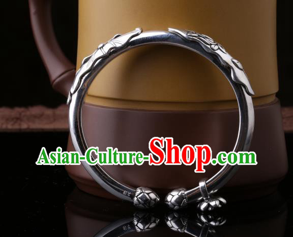 Handmade Chinese Silver Bangle Jewelry Traditional National Carving Lotus Bracelet Handmade Chinese Silver Bangle Jewelry Traditional National Carving Lotus Bracelet