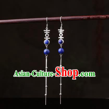 Chinese Classical Wedding Ear Accessories Traditional Cheongsam Silver Tassel Lapis Earrings Chinese Classical Wedding Ear Accessories Traditional Cheongsam Silver Tassel Lapis Earrings