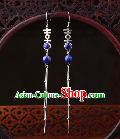 Chinese Classical Wedding Ear Accessories Traditional Cheongsam Silver Tassel Lapis Earrings Chinese Classical Wedding Ear Accessories Traditional Cheongsam Silver Tassel Lapis Earrings
