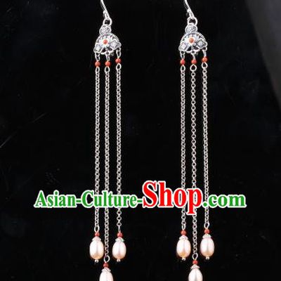 Chinese Classical Pearls Tassel Ear Accessories Traditional Cheongsam Silver Earrings