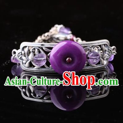 Handmade Chinese Amethyst Bangle Jewelry Traditional National Silver Carving Bracelet