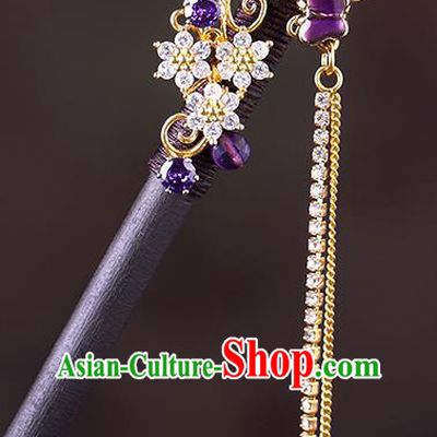 China Classical Crystal Tassel Hair Stick Traditional Cheongsam Hair Accessories Handmade Purple Plum Hairpin