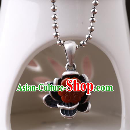 China Classical Cheongsam Agate Lotus Necklace Pendant Traditional Silver Necklet Accessories