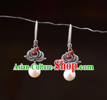 Chinese Classical Silver Lotus Ear Accessories Traditional Cheongsam Pearl Earrings Chinese Classical Silver Lotus Ear Accessories Traditional Cheongsam Pearl Earrings