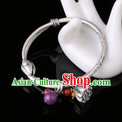 Handmade Chinese Silver Lotus Seedpod Bangle Jewelry Traditional Wristlet National Bracelet