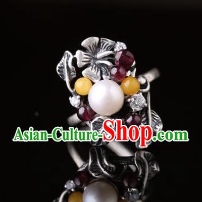 Handmade Chinese Pearl Ring Jewelry Traditional National Garnet Silver Circlet