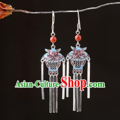 Chinese Classical Wedding Silver Tassel Ear Accessories Traditional Cheongsam Cloisonne Basket Earrings