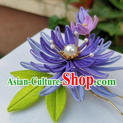 China Ancient Princess Hairpin Traditional Ming Dynasty Purple Silk Epiphyllum Hair Stick
