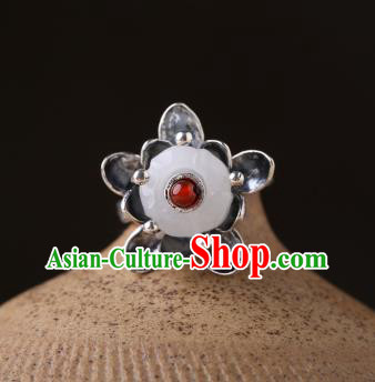Handmade Chinese National White Jade Ring Jewelry Traditional Silver Lotus Circlet Handmade Chinese National White Jade Ring Jewelry Traditional Silver Lotus Circlet