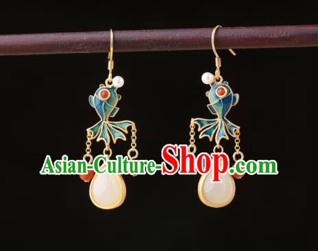 Chinese Classical Enamel Goldfish Ear Accessories Traditional Cheongsam Jade Tassel Earrings Chinese Classical Enamel Goldfish Ear Accessories Traditional Cheongsam Jade Tassel Earrings