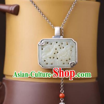 China Classical Jade Carving Necklace Pendant Traditional Cheongsam Silver Accessories