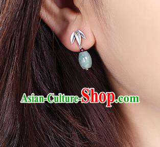 Chinese Classical Silver Bamboo Leaf Ear Accessories Traditional Cheongsam Jade Earrings Chinese Classical Silver Bamboo Leaf Ear Accessories Traditional Cheongsam Jade Earrings