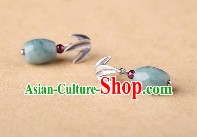 Chinese Classical Silver Bamboo Leaf Ear Accessories Traditional Cheongsam Jade Earrings Chinese Classical Silver Bamboo Leaf Ear Accessories Traditional Cheongsam Jade Earrings