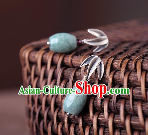 Chinese Classical Silver Bamboo Leaf Ear Accessories Traditional Cheongsam Jade Earrings Chinese Classical Silver Bamboo Leaf Ear Accessories Traditional Cheongsam Jade Earrings
