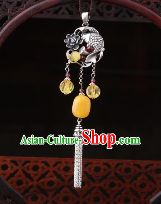 China Classical Carving Lotus Fish Necklace Pendant Traditional Cheongsam Beeswax Silver Tassel Accessories China Classical Carving Lotus Fish Necklace Pendant Traditional Cheongsam Beeswax Silver Tassel Accessories