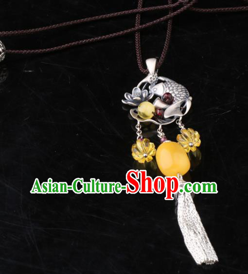 China Classical Carving Lotus Fish Necklace Pendant Traditional Cheongsam Beeswax Silver Tassel Accessories China Classical Carving Lotus Fish Necklace Pendant Traditional Cheongsam Beeswax Silver Tassel Accessories