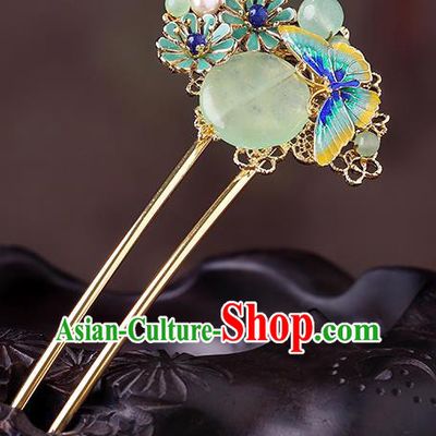 China Classical Chrysoprase Hair Stick Traditional Cheongsam Hair Accessories Handmade Enamel Butterfly Hairpin