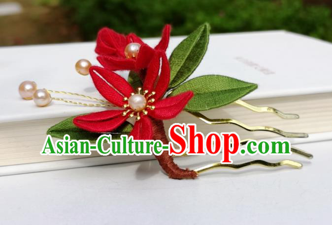 China Ming Dynasty Hair Stick Traditional Ancient Palace Lady Red Silk Flowers Hairpin China Ming Dynasty Hair Stick Traditional Ancient Palace Lady Red Silk Flowers Hairpin