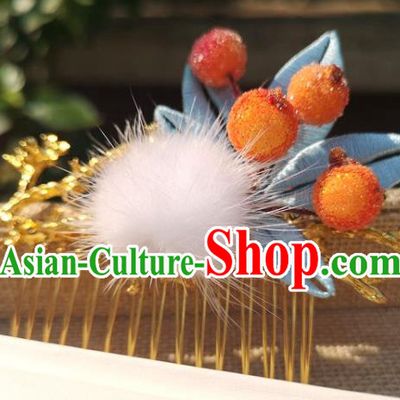China Traditional Ancient Princess Blue Silk Bamboo Leaf Hairpin Ming Dynasty Orange Berry Hair Comb