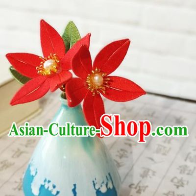 China Ming Dynasty Red Flowers Hair Stick Traditional Hanfu Hair Accessories Ancient Princess Pearl Hairpin