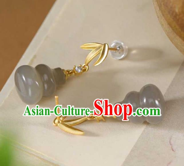 Handmade Chinese Jade Gourd Ear Accessories Traditional Golden Bamboo Leaf Earrings