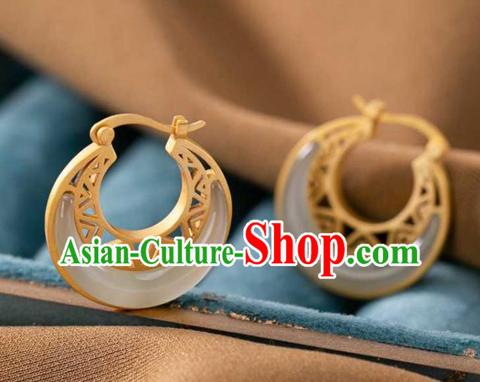 Handmade Chinese Cheongsam Golden Ear Accessories Traditional Jade Moon Earrings Handmade Chinese Cheongsam Golden Ear Accessories Traditional Jade Moon Earrings