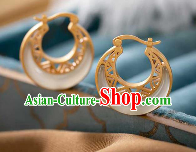 Handmade Chinese Cheongsam Golden Ear Accessories Traditional Jade Moon Earrings Handmade Chinese Cheongsam Golden Ear Accessories Traditional Jade Moon Earrings