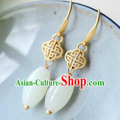 Handmade Chinese Cheongsam White Jade Ear Accessories Traditional Golden Earrings