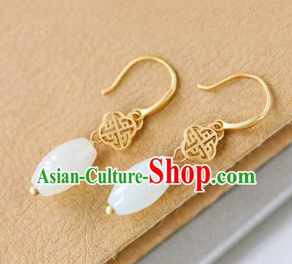 Handmade Chinese Cheongsam White Jade Ear Accessories Traditional Golden Earrings Handmade Chinese Cheongsam White Jade Ear Accessories Traditional Golden Earrings