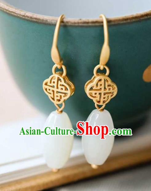 Handmade Chinese Cheongsam White Jade Ear Accessories Traditional Golden Earrings Handmade Chinese Cheongsam White Jade Ear Accessories Traditional Golden Earrings