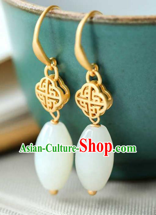 Handmade Chinese Cheongsam White Jade Ear Accessories Traditional Golden Earrings Handmade Chinese Cheongsam White Jade Ear Accessories Traditional Golden Earrings