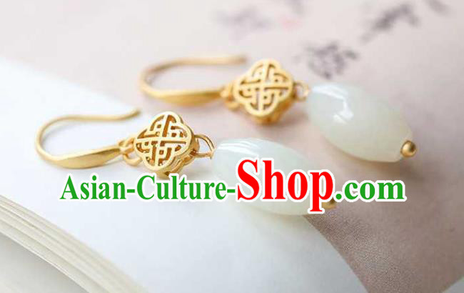 Handmade Chinese Cheongsam White Jade Ear Accessories Traditional Golden Earrings Handmade Chinese Cheongsam White Jade Ear Accessories Traditional Golden Earrings