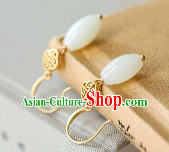 Handmade Chinese Cheongsam White Jade Ear Accessories Traditional Golden Earrings Handmade Chinese Cheongsam White Jade Ear Accessories Traditional Golden Earrings