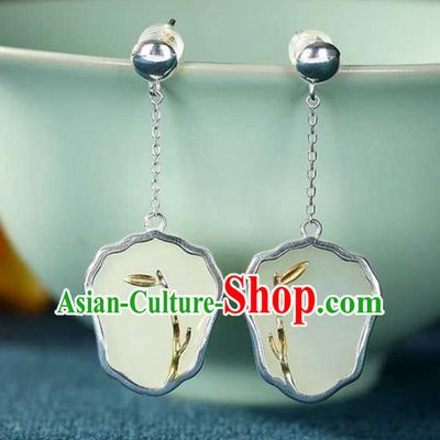 Handmade Chinese Cheongsam White Jade Fan Ear Accessories Traditional Silver Earrings