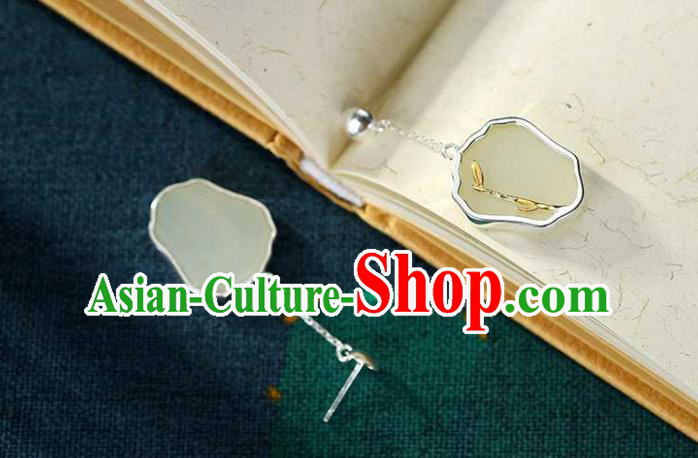 Handmade Chinese Cheongsam White Jade Fan Ear Accessories Traditional Silver Earrings Handmade Chinese Cheongsam White Jade Fan Ear Accessories Traditional Silver Earrings