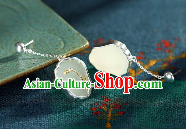 Handmade Chinese Cheongsam White Jade Fan Ear Accessories Traditional Silver Earrings Handmade Chinese Cheongsam White Jade Fan Ear Accessories Traditional Silver Earrings