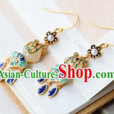 Handmade Chinese Cheongsam Jade Fan Ear Accessories Traditional Qing Dynasty Cloisonne Earrings