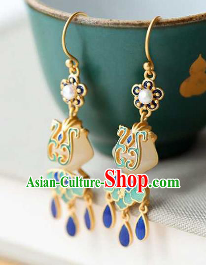 Handmade Chinese Cheongsam Jade Fan Ear Accessories Traditional Qing Dynasty Cloisonne Earrings Handmade Chinese Cheongsam Jade Fan Ear Accessories Traditional Qing Dynasty Cloisonne Earrings