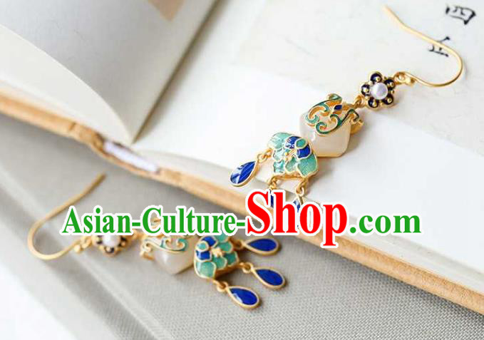 Handmade Chinese Cheongsam Jade Fan Ear Accessories Traditional Qing Dynasty Cloisonne Earrings Handmade Chinese Cheongsam Jade Fan Ear Accessories Traditional Qing Dynasty Cloisonne Earrings