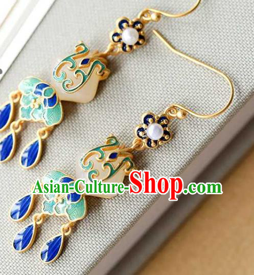 Handmade Chinese Cheongsam Jade Fan Ear Accessories Traditional Qing Dynasty Cloisonne Earrings Handmade Chinese Cheongsam Jade Fan Ear Accessories Traditional Qing Dynasty Cloisonne Earrings