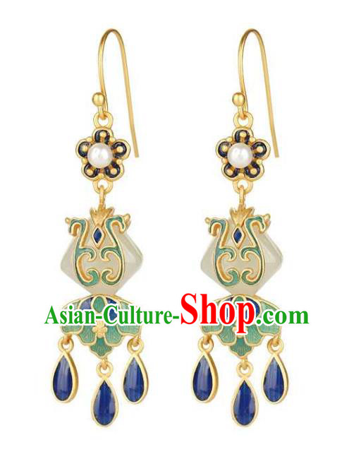 Handmade Chinese Cheongsam Jade Fan Ear Accessories Traditional Qing Dynasty Cloisonne Earrings Handmade Chinese Cheongsam Jade Fan Ear Accessories Traditional Qing Dynasty Cloisonne Earrings